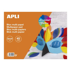 Apli Bloc 45 Hojas de Papeles Surtidos - Papel Charol, Papel Seda, Papel Celofan, Papel Aluminio y Cartulina - Ideal para Manualidades y Scrapbooking - Colores Surtidos
