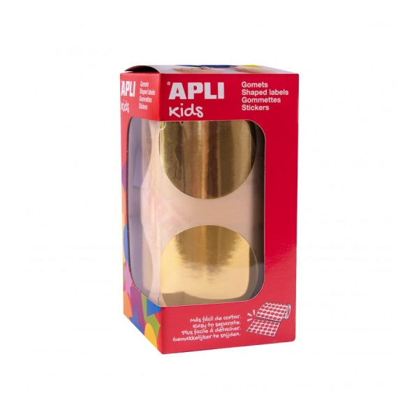 Apli Rollo de Gomets Redondos �~45mm Metalizado - Adhesivo Permanente - 354 Gomets por Rollo - Fomenta la Creatividad y Psicomotricidad - Color Oro