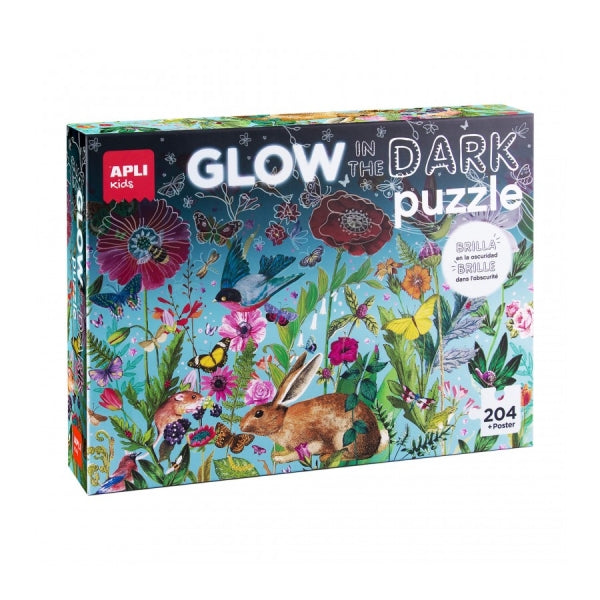 Apli Glow in the Dark Puzzle Fluorescente de 204 Piezas 5x5cm - Tematica de Flores con Fauna y Flora - Efecto Fluorescente que Revela Dise�os Ocultos - Poster para Facilitar Montaje