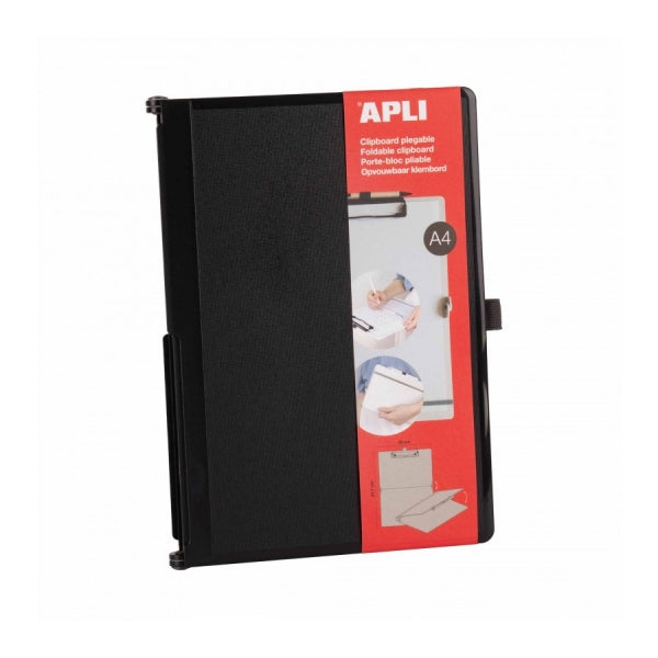Apli Clipboard Plegable - Compacto y Facil de Transportar - Sujeta Hojas con Goma Elastica - Extension para Boligrafo - Material Resistente ABS - Dise�o Funcional y Versatil - Color Negro