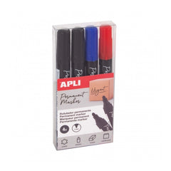 Apli Pack de 4 Rotuladores Permanentes Punta Redonda - Resistentes al Agua - Multifuncionales - para Metal, Plastico, Madera y Carton - Color Azul Negro Rojo