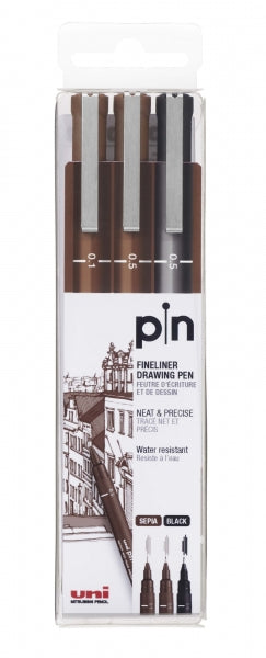 Uni-ball Uni Pin Pack de 3 Rotuladores Calibrados 0.1, 0.5 - Punta Poliacetal - Tinta Pigmentada Resistente al Agua y Luz - Ideal para Dibujo Profesional y Escritura - Colores Negro y Sepia