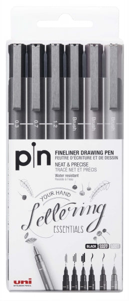 Uni-ball Uni Pin Pack de 6 Rotuladores Calibrados 0.3, 0.7, 1.2, Brush - Punta Poliacetal - Tinta Pigmentada Resistente al Agua y Luz - Ideal para Dibujo Profesional y Escritura - Colores Negro y Gris