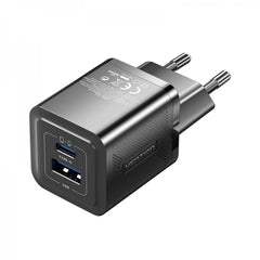 Vention GaN Wall Charger 2 USB Ports (C+A) (30W/30W) - EU Fast Charging - Black Color