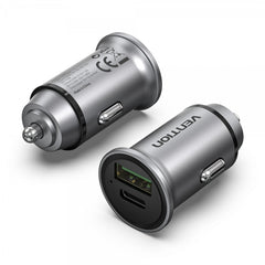 Vention Car Charger 20W 2xUSB (A+C) QC4,0 3,4A - Mini Design - Gray Aluminum