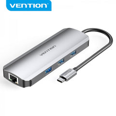 Vention Docking Station 8 en 1 USB-C vers HDMI 4K/3xUSB 3.0/Lecteur SD/MicroSD/RJ45/PD 100W - 0.15m - Couleur Gris